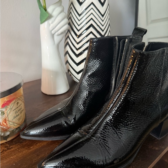 Black Patent Ankle Bootie - Women's Stylish Block Heel - Picture 2 of 3